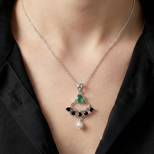 925 Silver Onyx & Green Glass Art Deco Necklace