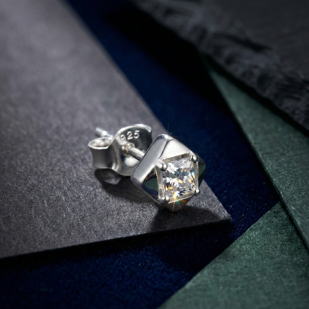 925 Silver Geometric Square Solitaire Stud