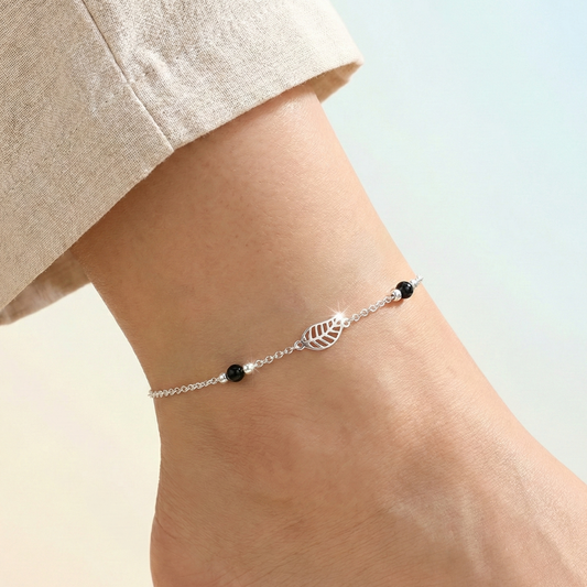 Silver Leaf & Onyx Anklet