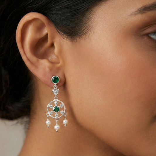 925 Silver Vintage Green Glass & Pearl Drop Earrings