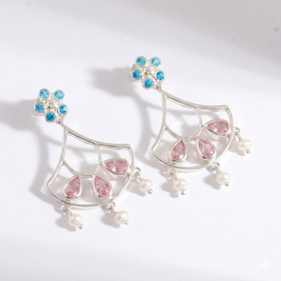925 Silver Pink & Blue Topaz Drop Earrings