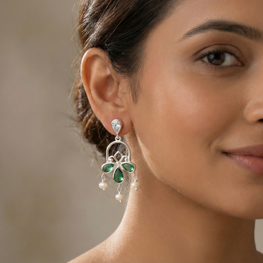 925 Silver Green Glass & Pearl Floral Earrings
