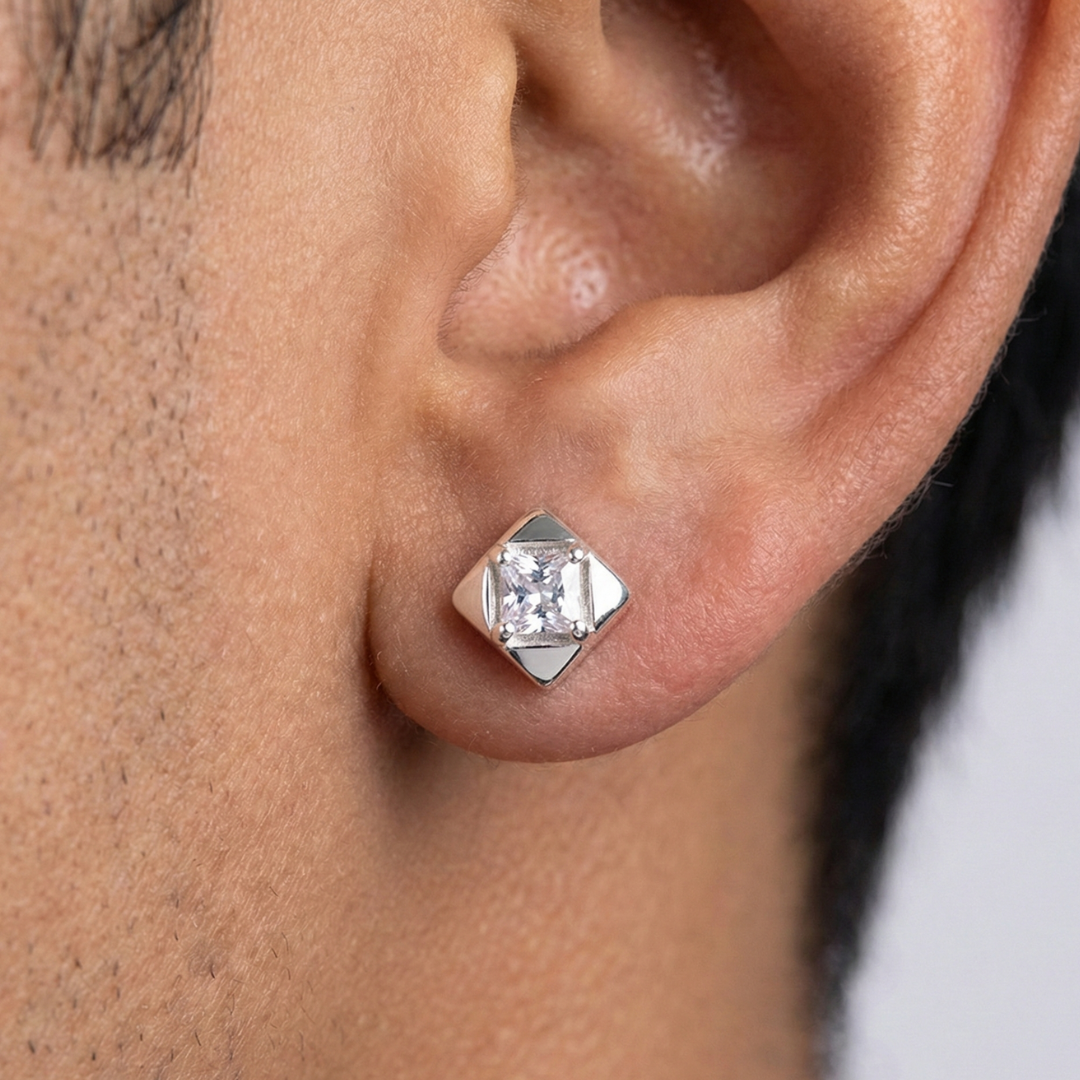 925 Silver Geometric Square Solitaire Stud