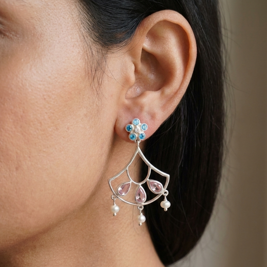 925 Silver Pink & Blue Topaz Drop Earrings