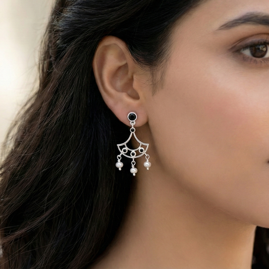 925 Silver Black Zircon & Pearl Fan Earrings