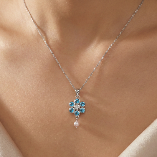 925 Silver Blue Topaz Zircon Floral Necklace