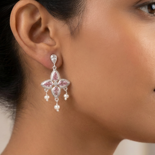 925 Silver Pink Zircon & Pearl Floral Earrings