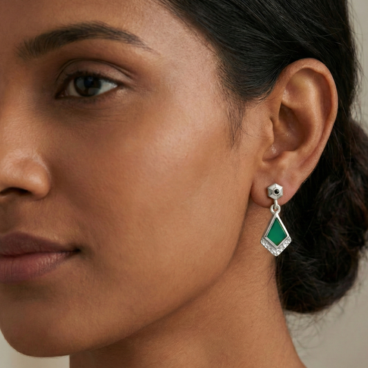 925 Silver Geometric Green Onyx Earrings