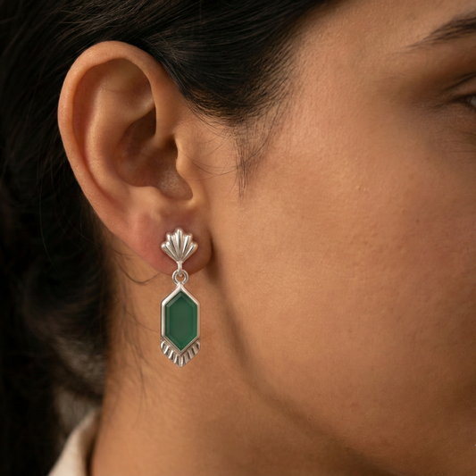 925 Silver Green Onyx Geometric Earrings