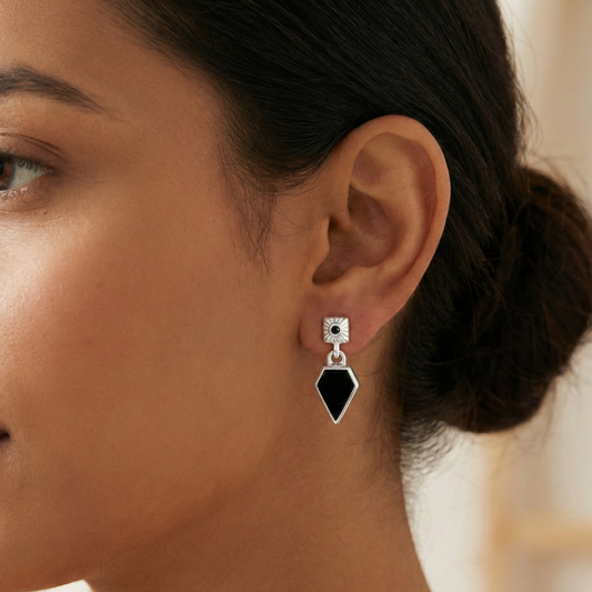 925 Silver Geometric Black Onyx Earrings