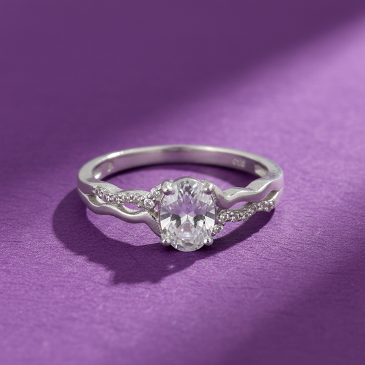 925 Silver Oval Brilliant Solitaire with Contoured Pavé Band