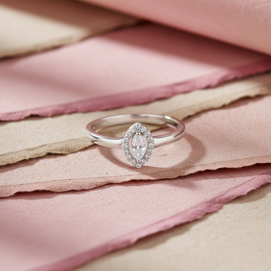 925 Silver Marquise-Cut Solitaire with Round Brilliant Halo