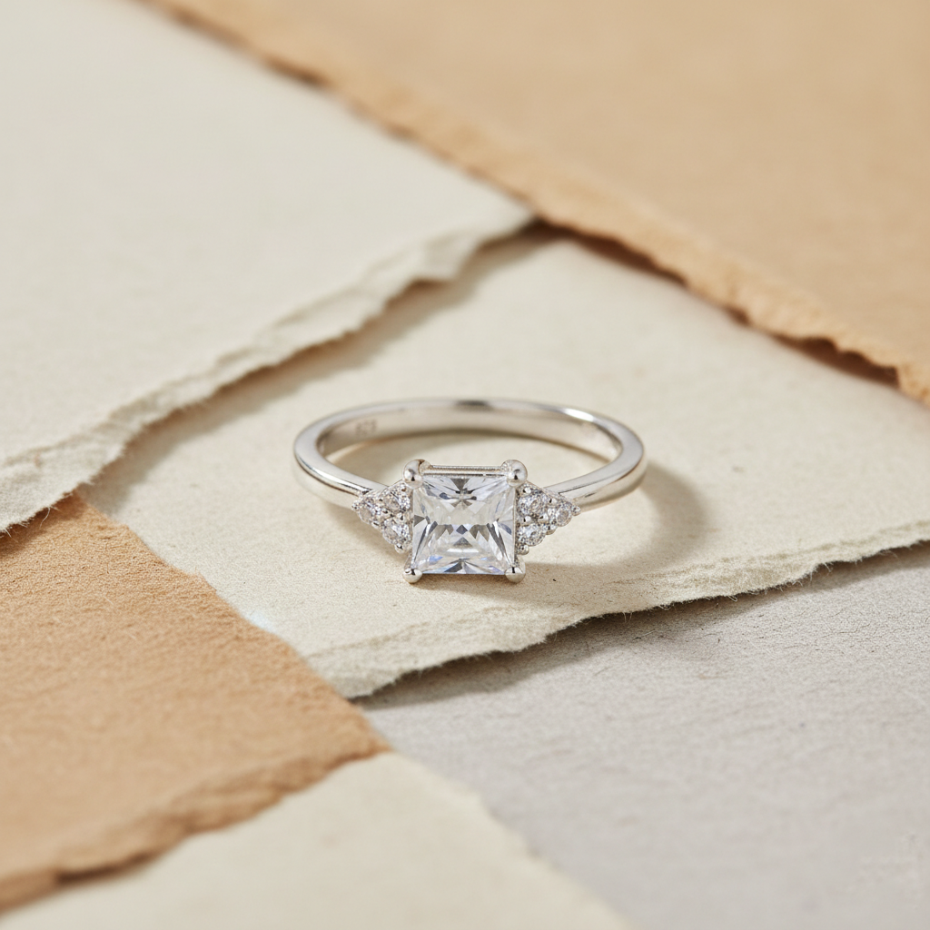 925 Silver Square Brilliant Ring with Round Side Accents