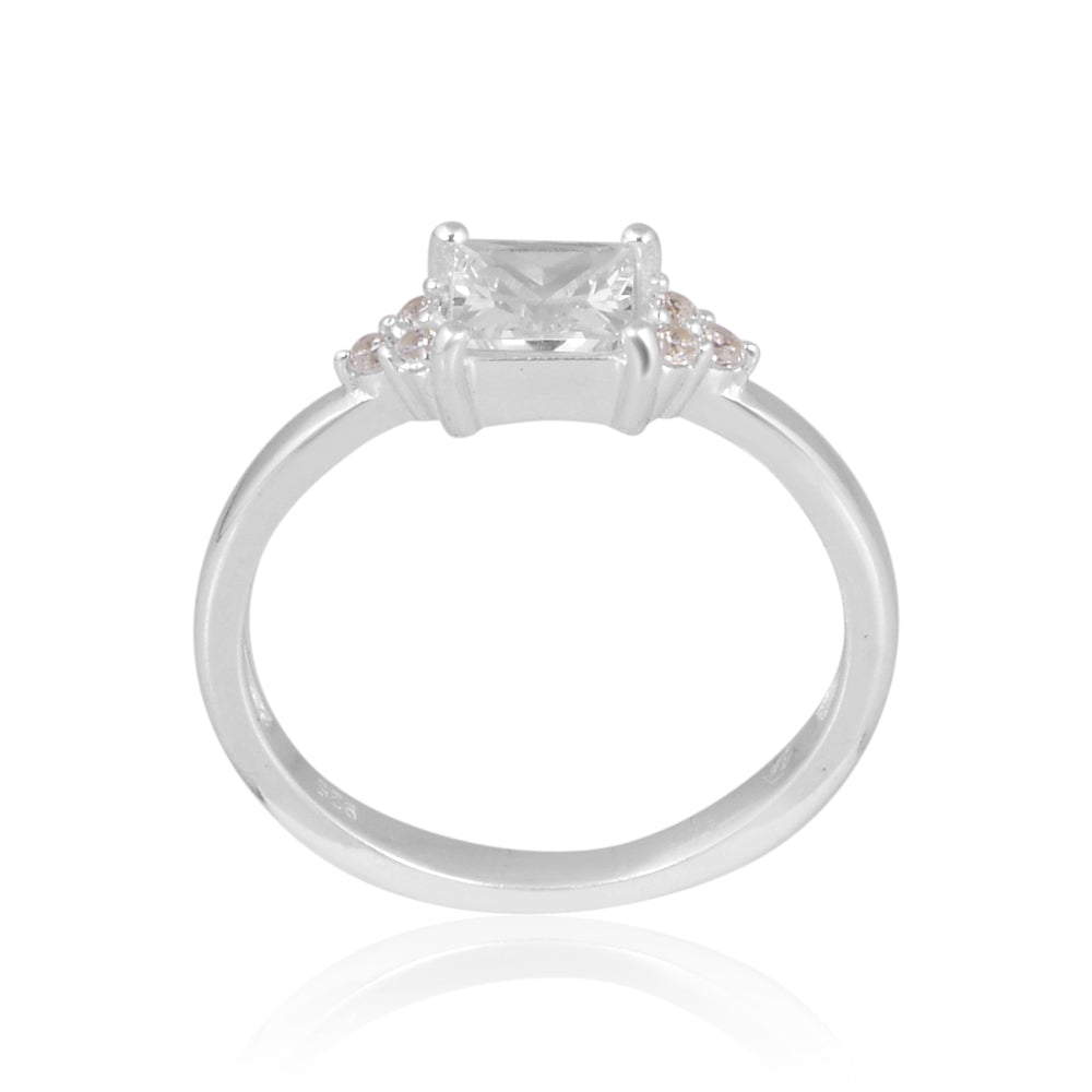925 Silver Square Brilliant Ring with Round Side Accents