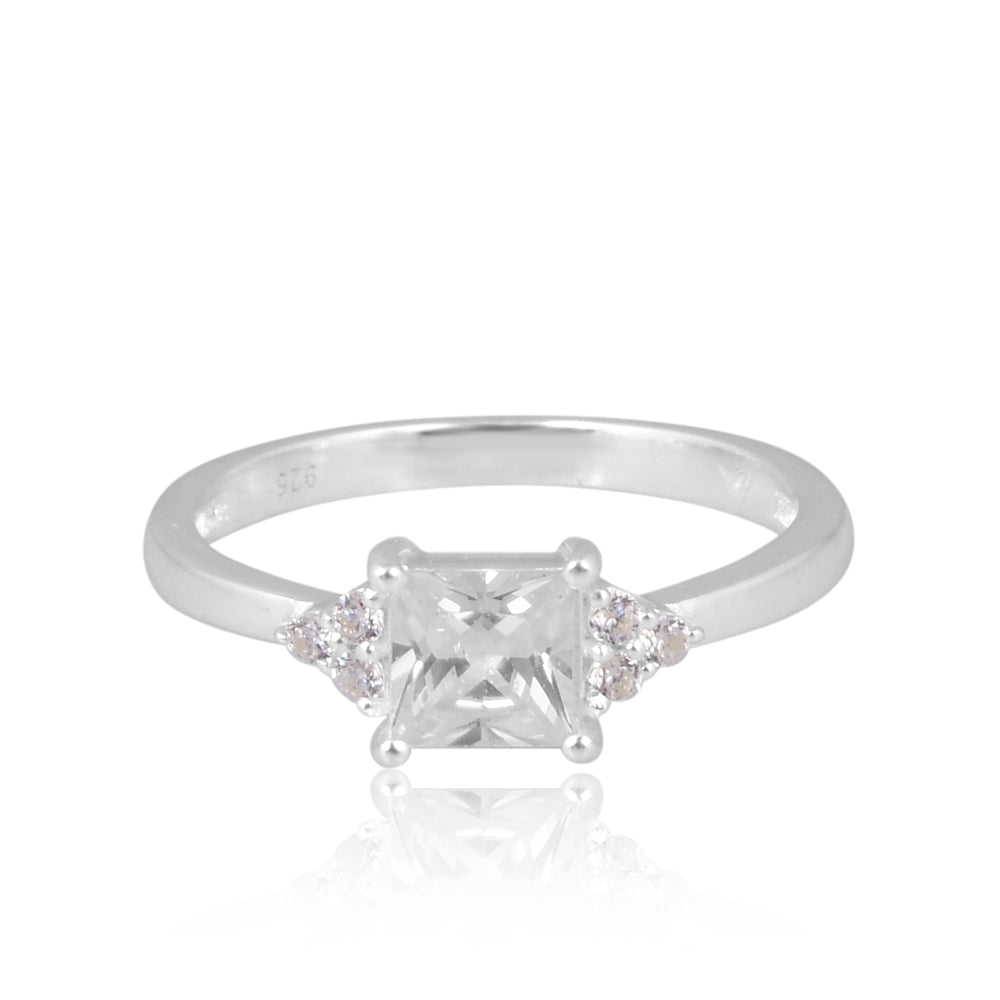 925 Silver Square Brilliant Ring with Round Side Accents