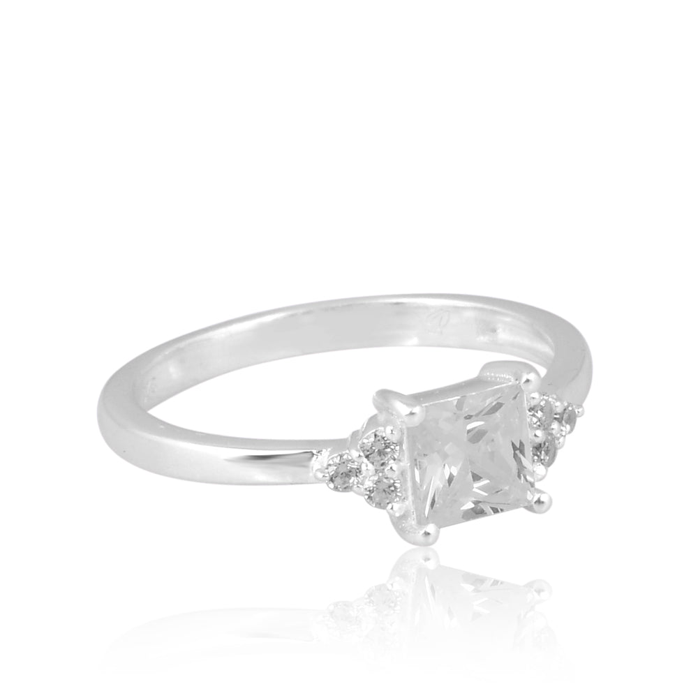 925 Silver Square Brilliant Ring with Round Side Accents